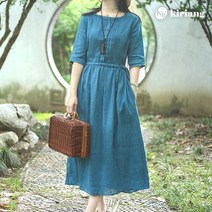 키리앙 시아블루 핀턱 스트링 린넨 원피스
