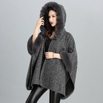 케이프 코트 여성반 망토 모조 모피 칼라 겨울 후드 카디건 숄 판초 세련된 고급 카키색