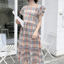 기타 바보사랑[디작소] 데일리 여성 원피스 드레스 하객 린넨 체크 프릴