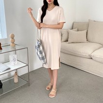 브이넥 반팔 옆트임 롱원피스 YY