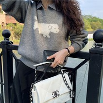 네모엔룩 여성용 카라퍼피 캐릭터 오픈 카라넥 스웨터 시보리 긴팔 니트 NL