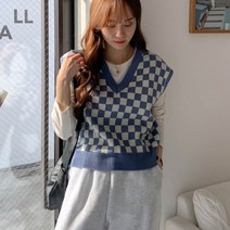 봄 레이어드 기본 심플룩 네모 체스 체크 패턴 키작은여자 키작녀 브이넥 니트 조끼 베스트
