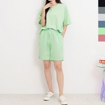 기타 블레오 여성 여름 반팔 티셔츠 밴딩 5부 반바지 세트
