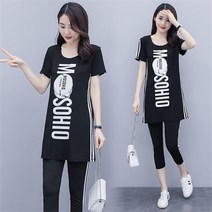 MOSAIRATION 여름 트레이닝 상하세트 반팔 롱티셔츠+7부 바지 스키니 투피스 빅사이즈 중년 여성 엄마 A77