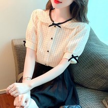 (S-2XL) 세미 크롭 시어서커블라우스 리본 지지미 자켓형블라우스