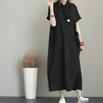 휴양지 해외여행 동남아 원피스여성용 코튼 린넨 옷깃 주머니 루