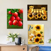 FASEN diy보석십자수 캔버스 형액자 세트 40cm x 50cm, AYW-60부엉이 3와 빨간 사과와 파란 나비 해바라기