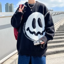 JINGHENG 웃는 얼굴 스웨터 남성 커플 실크 가을 겨울 루즈한 나른한 바람 니트 SALD2559876