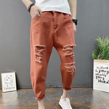 여름 찢청바지 남성 슬림 7부 팬츠