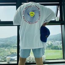 유니크 썸머 형광 해피 스마일 워싱 오버핏반팔
