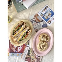 쁘띠로망 긴 도자기 오발 타원접시 신혼 무광 디저트 브런치 마카롱 인스타 감성 플레이트, 레몬
