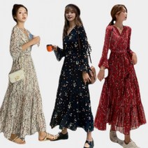 여성 플로럴 허리밴딩 롱 원피스 여름 쉬폰 바스락