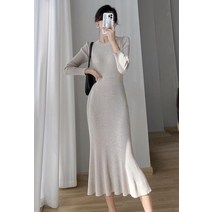 F006482 머메이드 라인 밑단플레어 롱니트 원피스 골지니트원피스