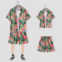 M-3XL 남성 느슨한 캐주얼 반팔 꽃 셔츠 여름 하와이 휴가 스타일 반바지 정장 TZ2126