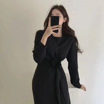 블링앤수 여성 라운드넥 앞꼬임 기본핏 미디 원피스 KZZ822