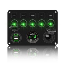 자동차 해양 선박용 방수 LED 토글 로커 스위치 패널 5 갱 듀얼 USB 포트 12V 콘센트 조합, green, 1개