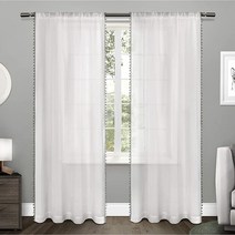 Exclusive Home Curtains 폼폼 장식 시어 로드 포켓 탑 커튼 패널 한 쌍 137x213cm 윈터 화이트 2개입
