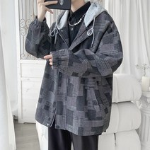 남성 고급 남자 의류 봄과 가을 코트 남자 뚱뚱한 남자 대형 -크기 후드 체크 무늬 데님 재킷 오리지널 틈새 잘 생긴 재킷 조류