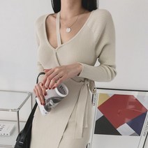 [천삼백케이] [오슈] 여성 골지 사선 밴딩 브이넥 꾸안꾸 랩스타일 롱원피