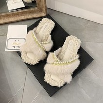 보석 큐빅 화려한 비즈 슬리퍼 따뜻한 진짜 모피 여성 플러시 여성 신발 여성 모피 천연