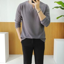 남자 라운드 V트임 스판 무지 긴팔 티셔츠