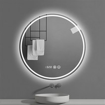 led 거울등 욕실 원형 거울 50/60/70/80cm 벽거울 LED 조명 거울 욕실용거울 무프레임 벽에 붙이는 거울 모던 김서림방지 시간표시 화장욕실 거울 스마트터치 벽걸이 조명, 80x80cm, 하얀 빛, 유리
