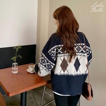 라라벨 여성 데일리 라운드 루즈핏 아가일 가을 겨울 가디건