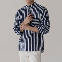 스타일에스 남성 빅사이즈 네이비 헨리넥 스트라이프 7부 셔츠 봄 여름 긴팔 남방