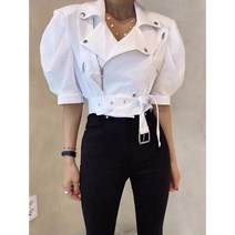 여성 썸머 크롭 퍼프소매 라이더 벨티드 린넨자켓 4컬러 블랙 화이트 핑크 카키