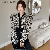 just feel!ng 프렌치 클래식 배색 꽃 플라워 무늬 브이넥 퍼프 벌룬 봄 가을 상의 여성 숏 가디건