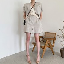 [레티고] 여성 캐주얼 린넨 자켓 반바지 투피스 세트