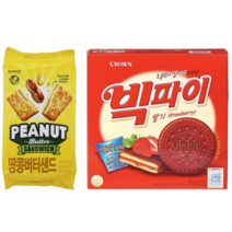 크라운 빅파이 딸기 324 & 노브랜드 땅콩버터샌드(초콜릿과 딸기잼/콤한 빅파이/고소한 땅콩버터/개별포장/간식/과자/소풍/쿠키/크래커/샌드/비스킷, 상세설명