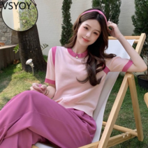 vsyoy 여름 2023 새로운 스타일 외국 스타일 인터넷 연예인 우아한 달콤한 튀김 거리 캐주얼 와이드 레그 바지 투피스 슈트 여성