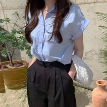 제이앤몰스 우먼 여성 여름 반팔 롤업 베이직 화이트 셔츠 스카이 기본 카라 남방 나그랑 블라우스 W453