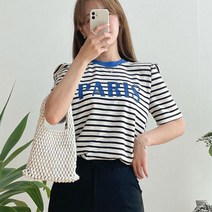 키메라제이 파리 단가라 배색 퍼프 반팔 티셔츠 3color