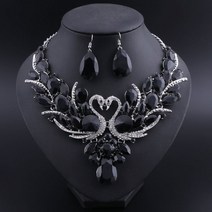 신부주얼리세트 반지 목걸이 귀걸이 팔찌 세트 블랙 크리스탈 브라 쥬얼리 골드 컬러 스완 펜던트 여성 선물 파티 웨딩 액세서리