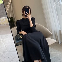 라라벨 여성 라운드 퍼프 슬림핏 플레어 하객 클래식 롱 원피스