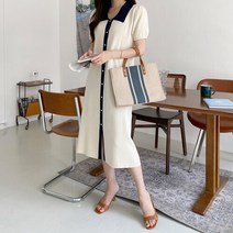 네쥬 여성 봄 여름 배색 카라 반팔 니트 롱 원피스