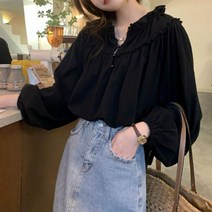 LDY 촘촘 꾸안꾸 날씬해보이는 앞버튼 여자가을옷 핏 니트후드티 프릴 블라우스 여유로운