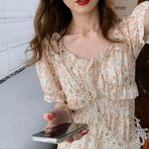 해외잔꽃 스퀘어넥 반팔 프릴 오프숄더 주름 쉬폰원피스 a라인 플레어 롱원피스
