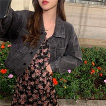 플라워 뷔스티에 원피스 세트 여자 올가을 프랑스식 베르사유 쇼트 데님 외투 루즈한 작업복 투피스