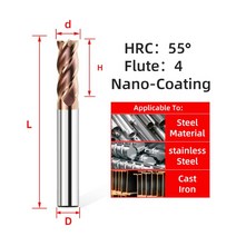 Tooleye-카바이드 엔드 밀 합금 텅스텐 스틸 밀링 커터 절삭 공구 CNC 가공 코팅 플랫 2/4 플루트, 1pc HRC55 4F_d7xD8x60L