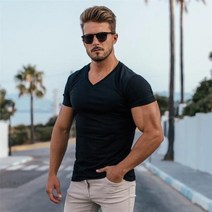 남성 머슬핏 반팔티 체육관 티셔츠 패션 v넥 반팔 코튼 슬림핏 스포츠 보디 빌딩 피트니스 운동 여름 의류