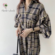 요모조모 YH843 여성 면 카라넥 체크패턴 긴팔 니트 겨울 롱 셔츠 원피스
