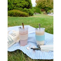 티보코 유리 버블티 커피 티 대용량 리유저블 친환경 투명 커플 선물용 컵 텀블러 700ml (빨대 세척솔 가방 포함), 실버, 베이비 블루