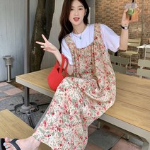 화사한 U넥 플라워 뷔스티에 봄 여름 나시 원피스 플라워패턴 코디 리본원피스 루즈핏롱원피스