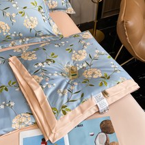 SIMMY 여름 이불 부드러운 면 워싱 텐셀 포멀 워싱 실크 이불+시트+베개커버*2, 꽃파랑
