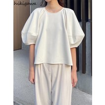 퍼프 슬리브 티 셔츠 Femme Blusas 여름 솔리드 컬러 루스 Camisetas De Mujer 일본어 한국어 우아한