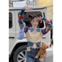 타카라 무지개 스트라이프 긴팔 니트 카디건 여성 봄가을 슬림 숏 더블 집업 스웨터 코트
