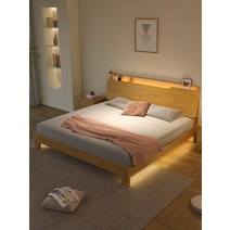 led 퀸침대 신혼침대 Bellos 북유럽 단단한 나무 침대 1.8 미터 오크 현대 미니멀리스트 1.5 작은 아파트 마스터 침실 더블 결혼, [18] 침대 옆 탁자, [01] 1500mmx2000mm, [01] 뼈대